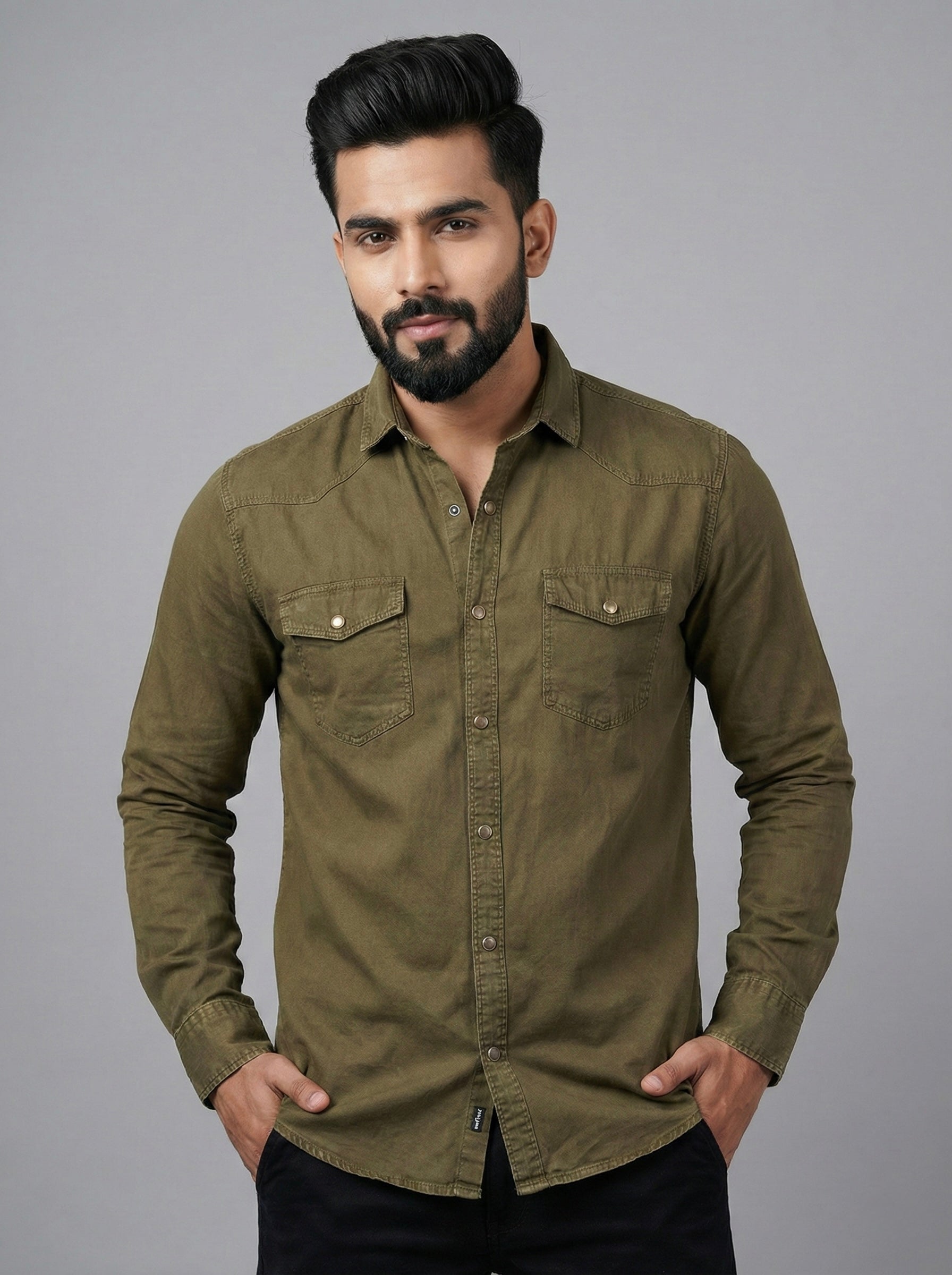 Mensfield Signature Olive Green Denim Shirt - Premium Earth-Tone Slim Fit