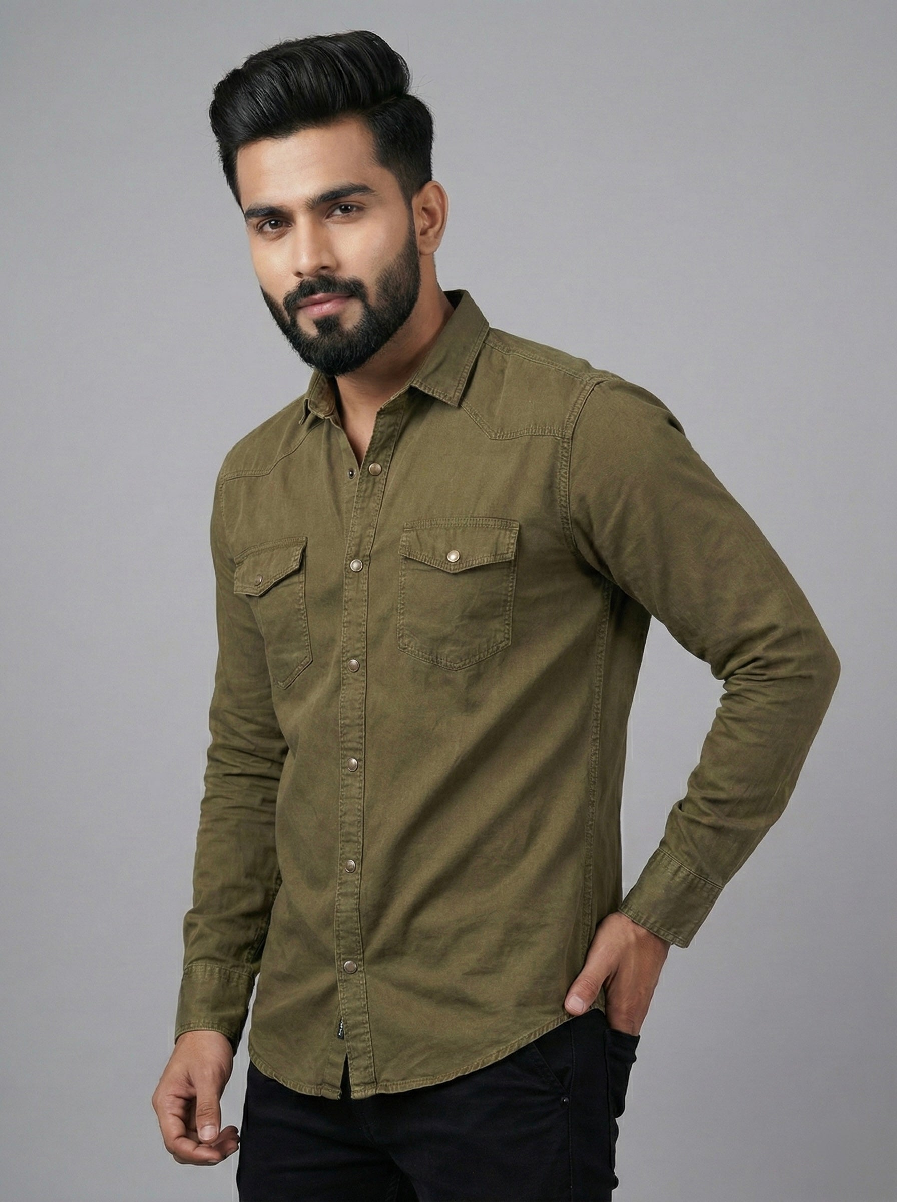 Mensfield Signature Olive Green Denim Shirt - Premium Earth-Tone Slim Fit
