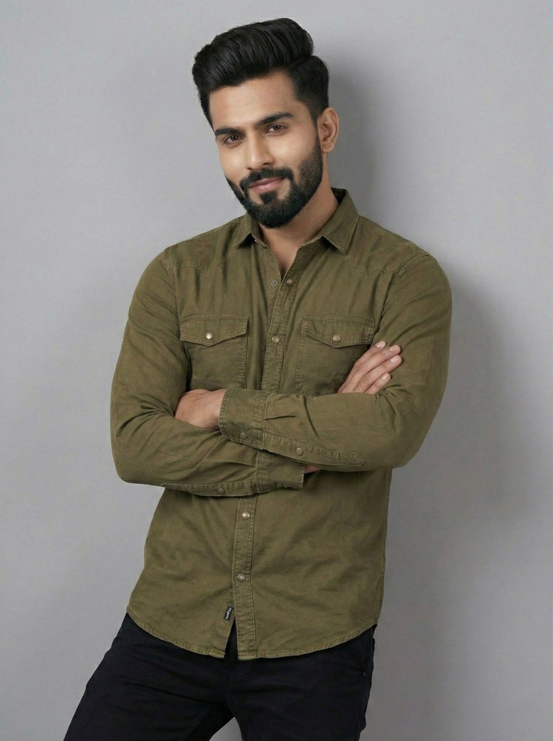 Mensfield Signature Olive Green Denim Shirt - Premium Earth-Tone Slim Fit