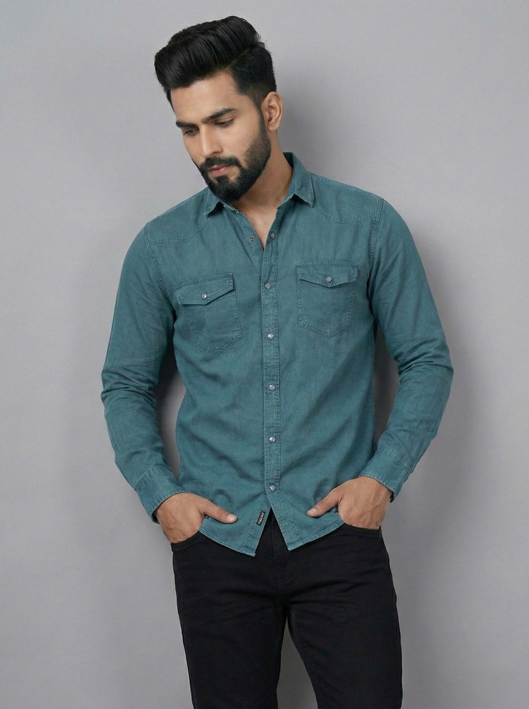 Mensfield Signature Teal Denim Shirt - Premium Sea Green Slim Fit