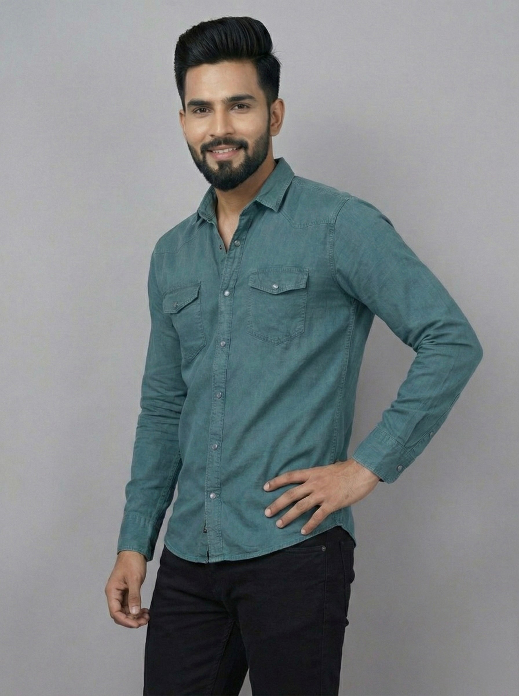 Mensfield Signature Teal Denim Shirt - Premium Sea Green Slim Fit