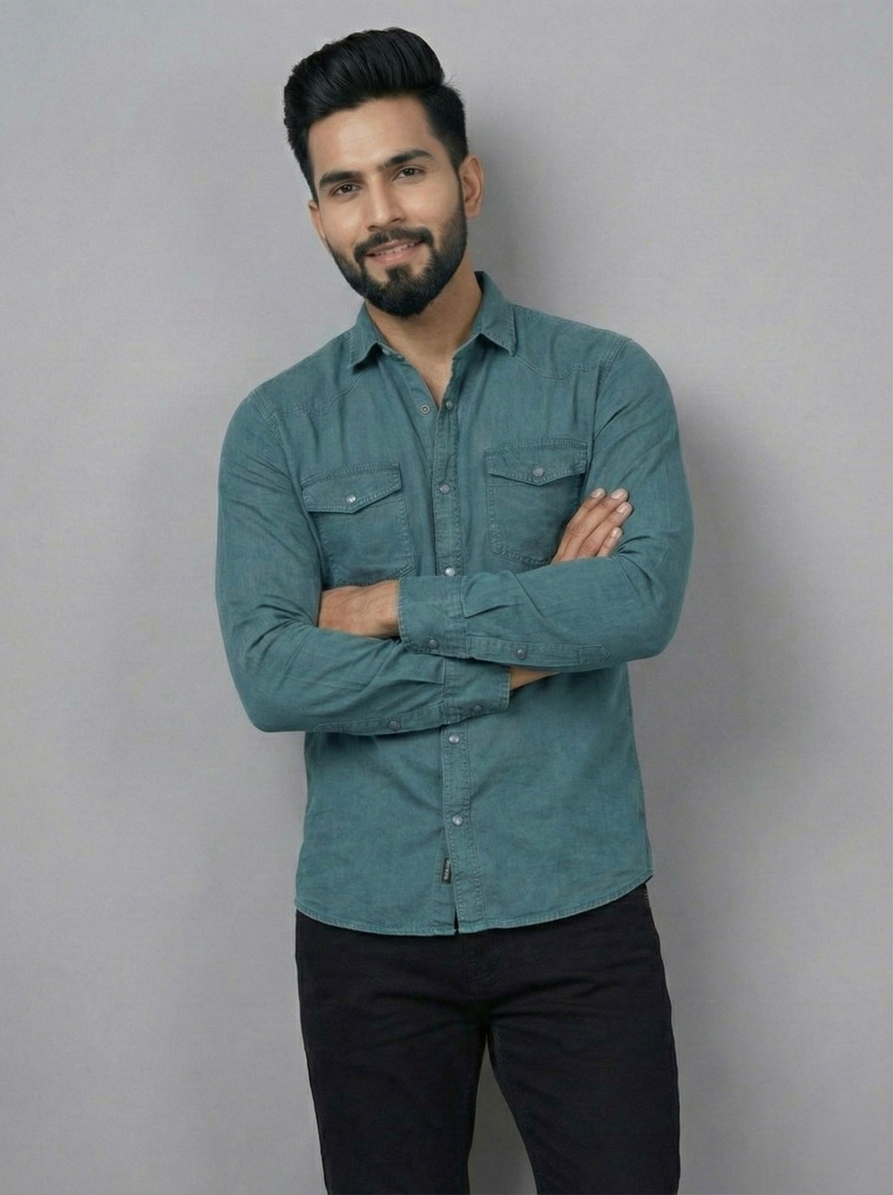 Mensfield Signature Teal Denim Shirt - Premium Sea Green Slim Fit