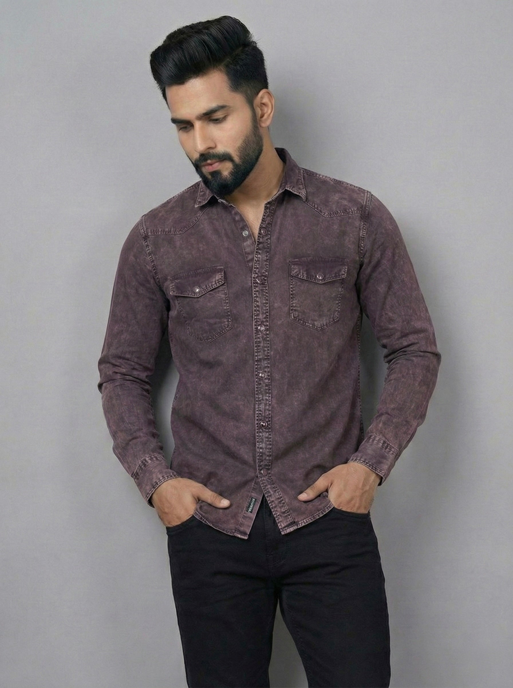 Title: Mensfield Signature Maroon Acid-Wash Denim Shirt - Premium Vintage Slim Fit