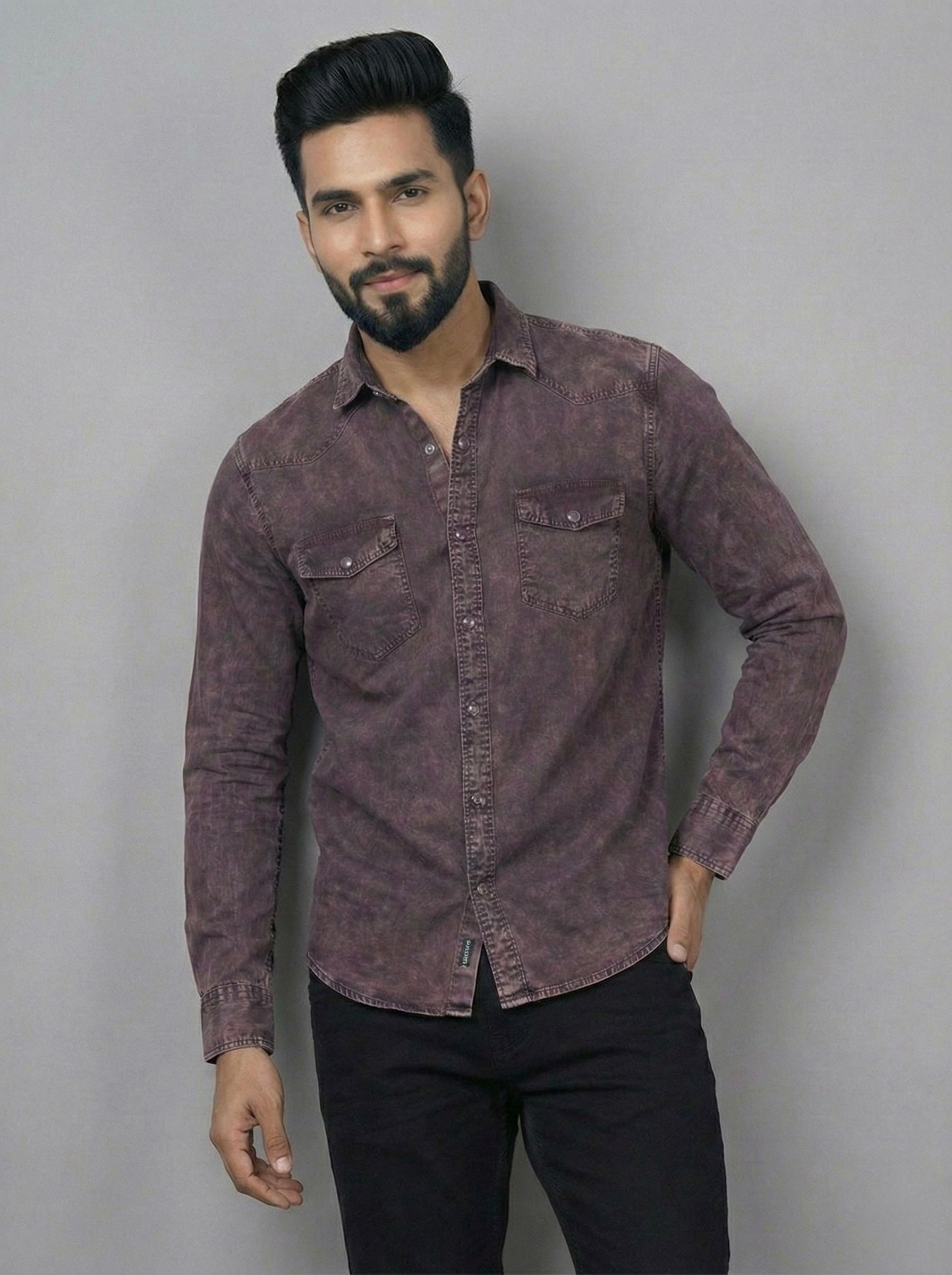 Title: Mensfield Signature Maroon Acid-Wash Denim Shirt - Premium Vintage Slim Fit