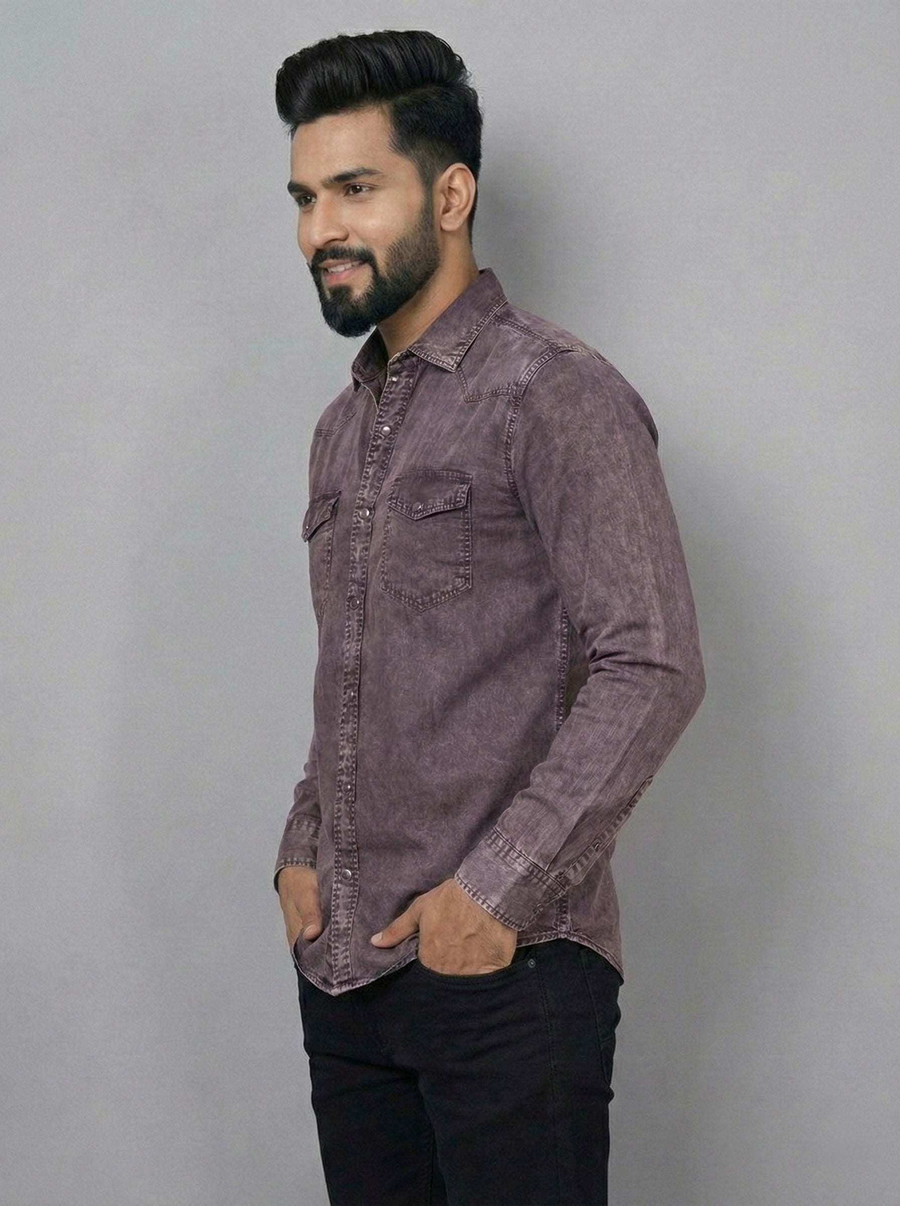 Title: Mensfield Signature Maroon Acid-Wash Denim Shirt - Premium Vintage Slim Fit
