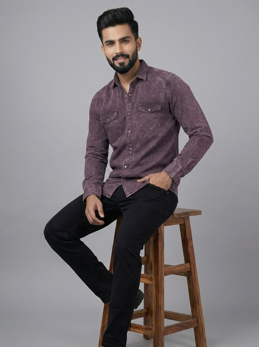 Title: Mensfield Signature Maroon Acid-Wash Denim Shirt - Premium Vintage Slim Fit