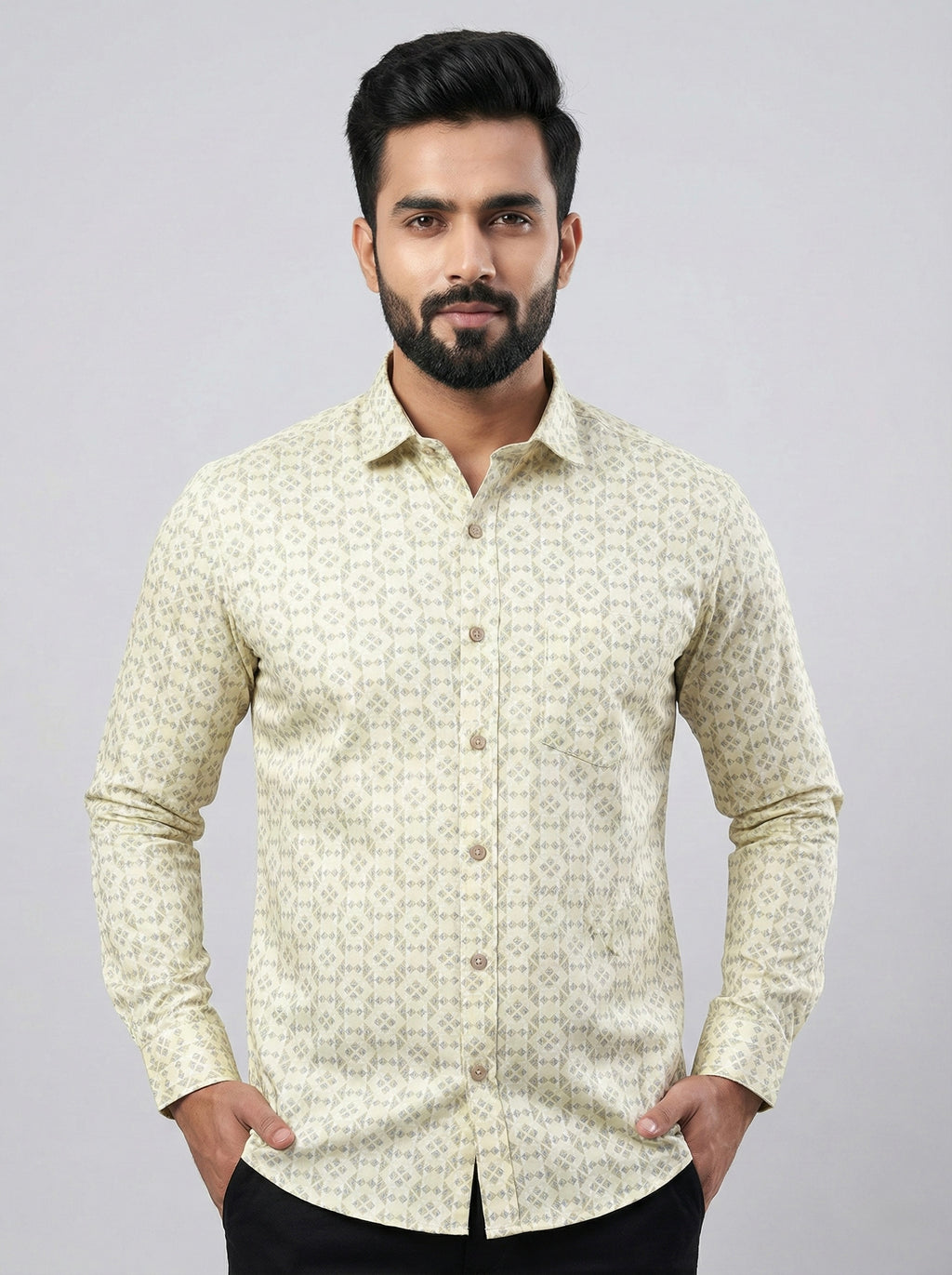 Mensfield Signature Beige Geometric Print Shirt - Premium Slim Fit Formal Wear