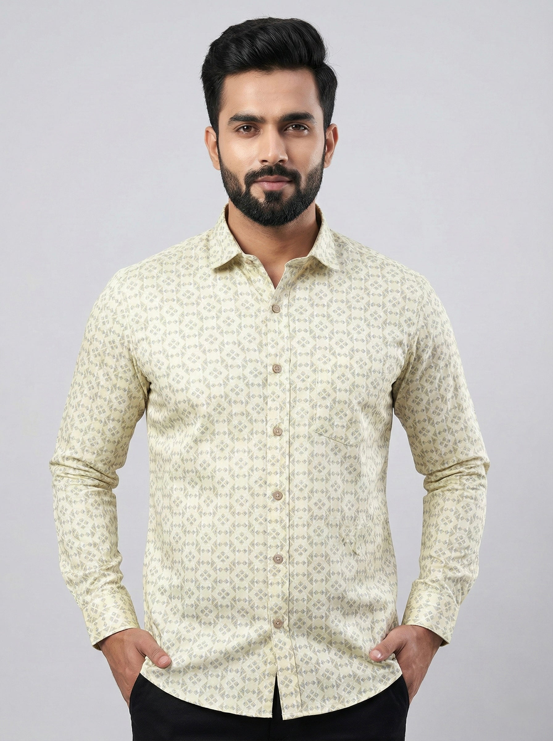 Mensfield Signature Beige Geometric Print Shirt - Premium Slim Fit Formal Wear