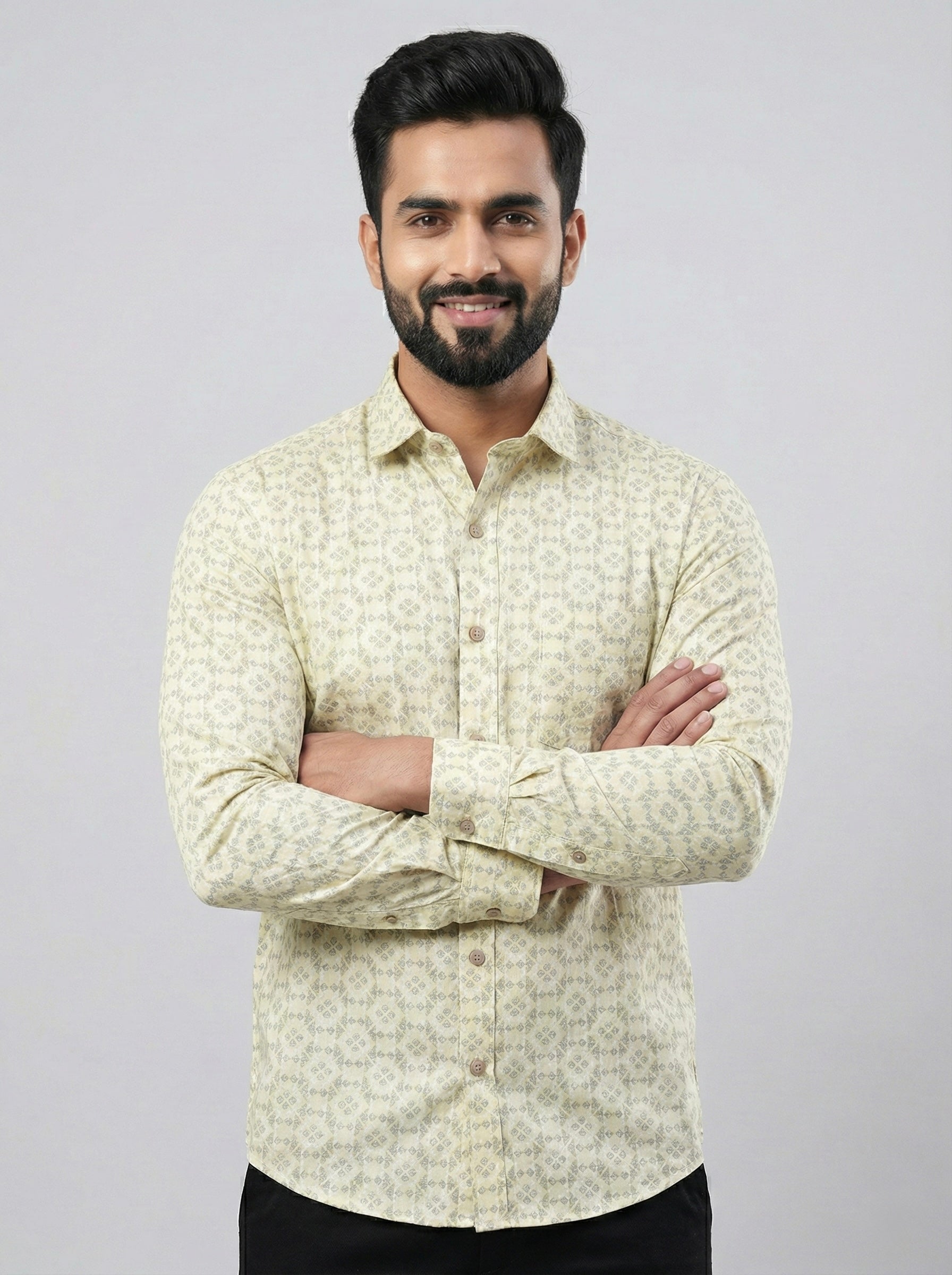 Mensfield Signature Beige Geometric Print Shirt - Premium Slim Fit Formal Wear