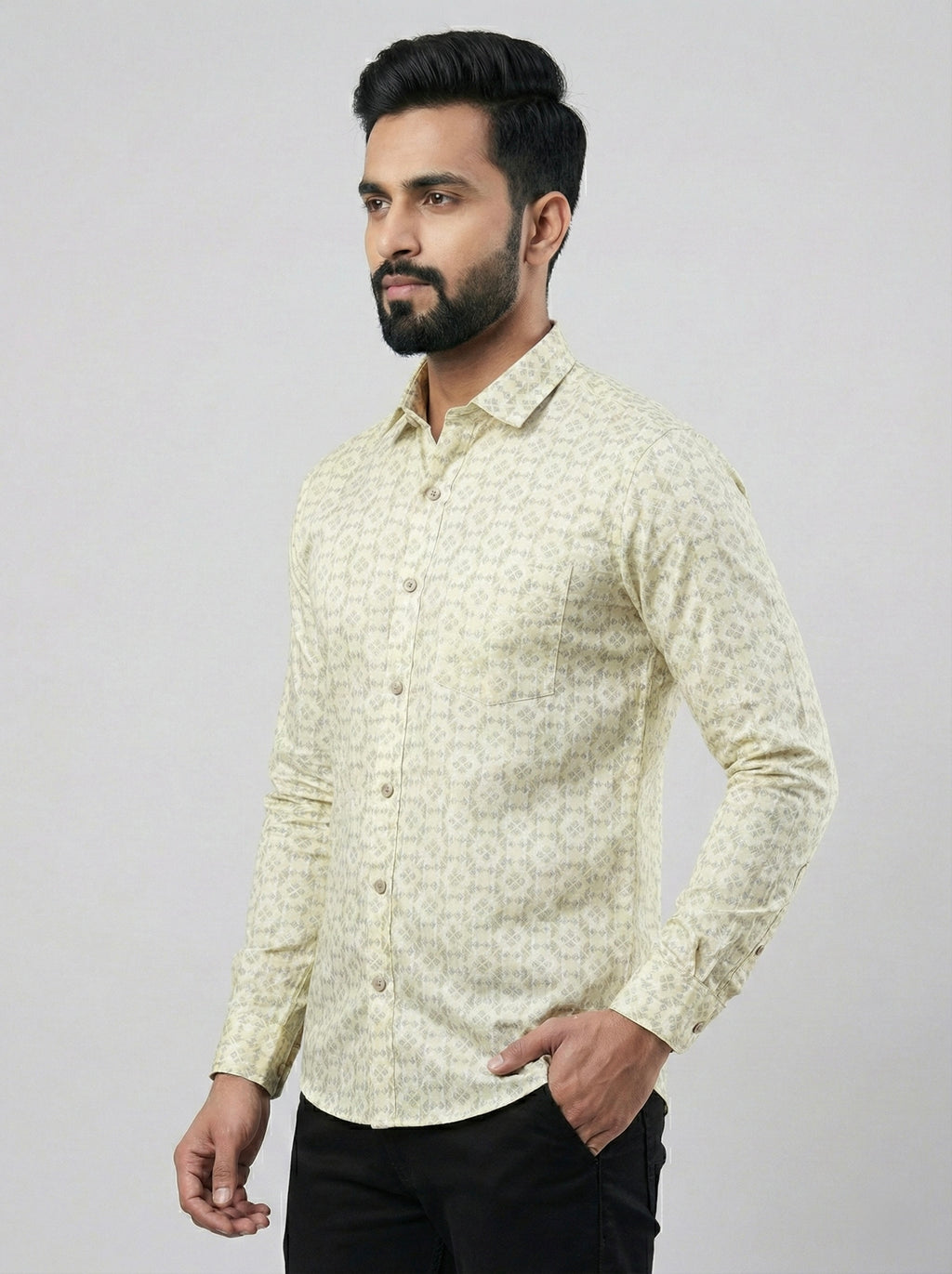 Mensfield Signature Beige Geometric Print Shirt - Premium Slim Fit Formal Wear
