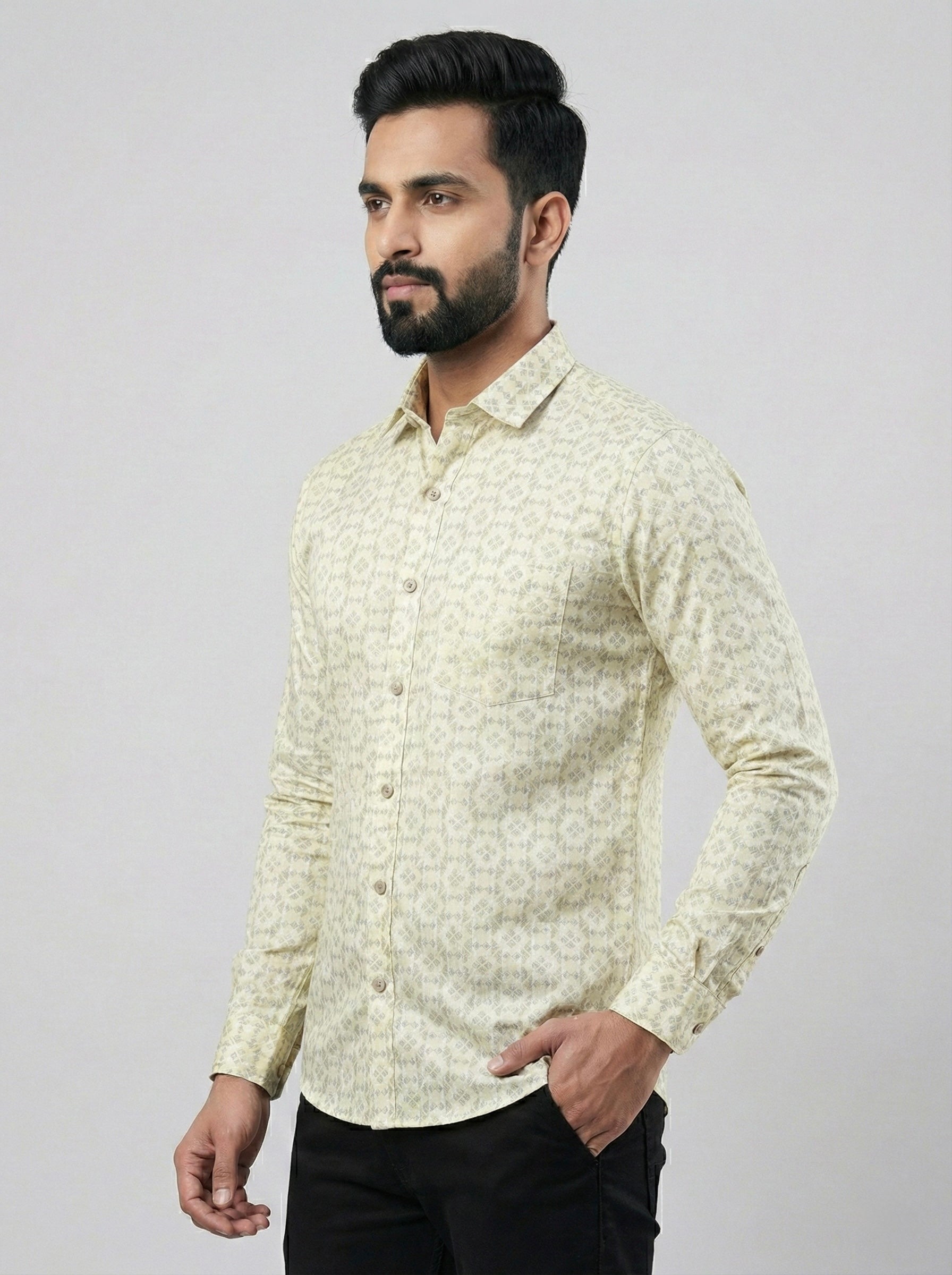 Mensfield Signature Beige Geometric Print Shirt - Premium Slim Fit Formal Wear