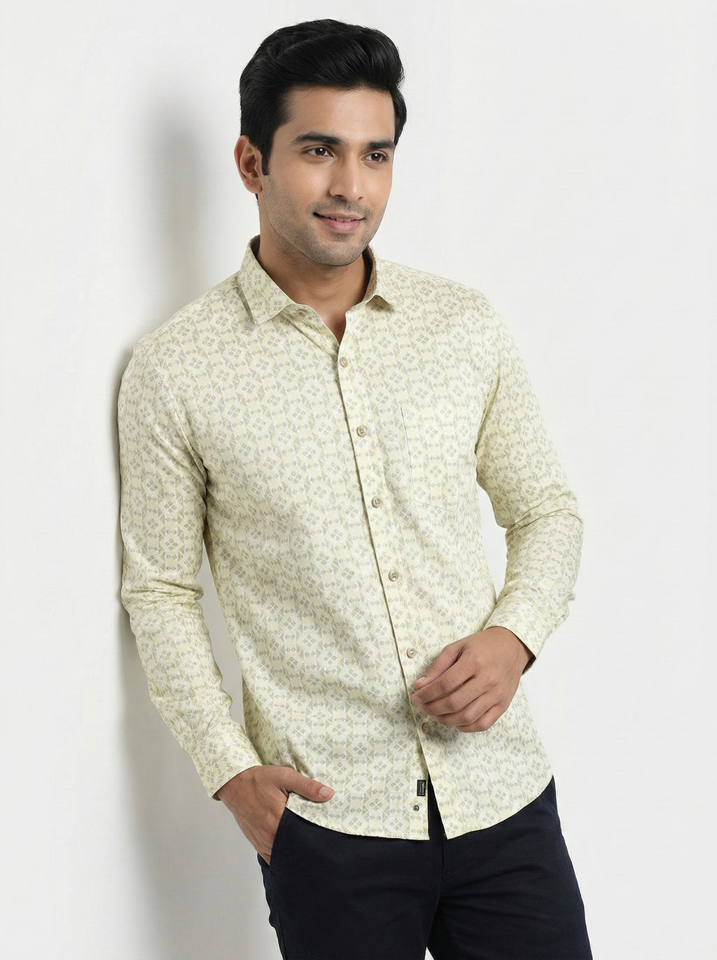 Mensfield Signature Beige Geometric Print Shirt - Premium Slim Fit Formal Wear