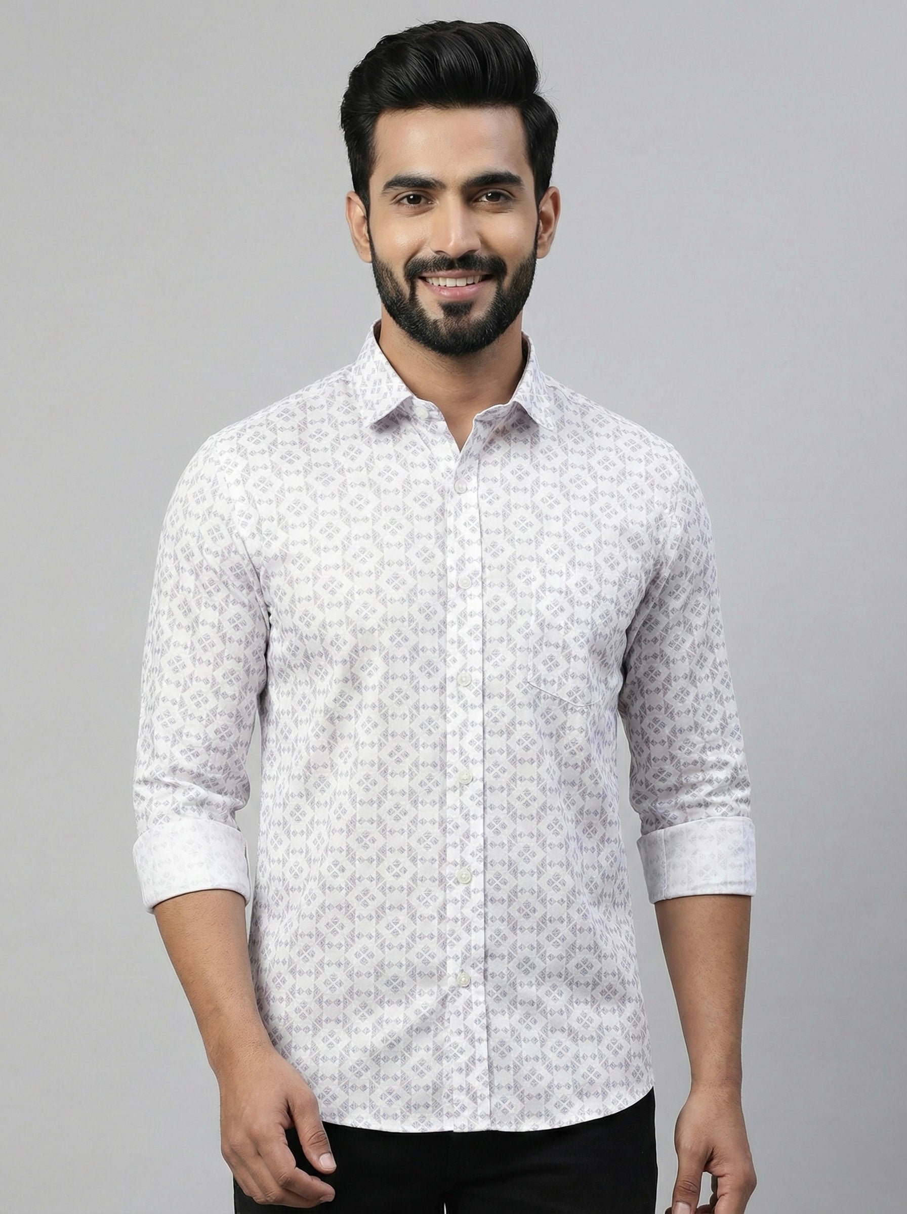 Mensfield Signature White Geometric Print Shirt - Premium Slim Fit Formal Wear