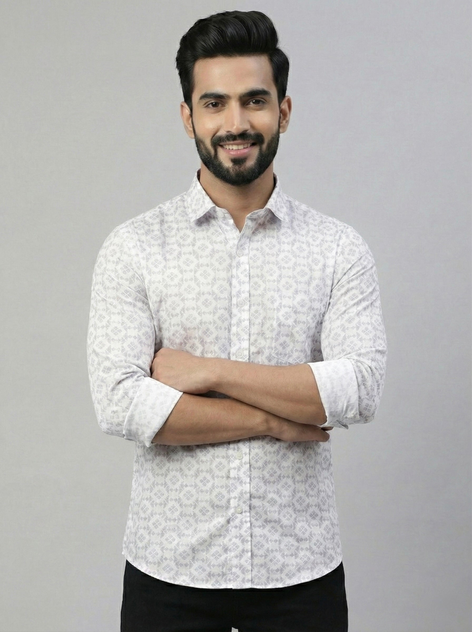 Mensfield Signature White Geometric Print Shirt - Premium Slim Fit Formal Wear