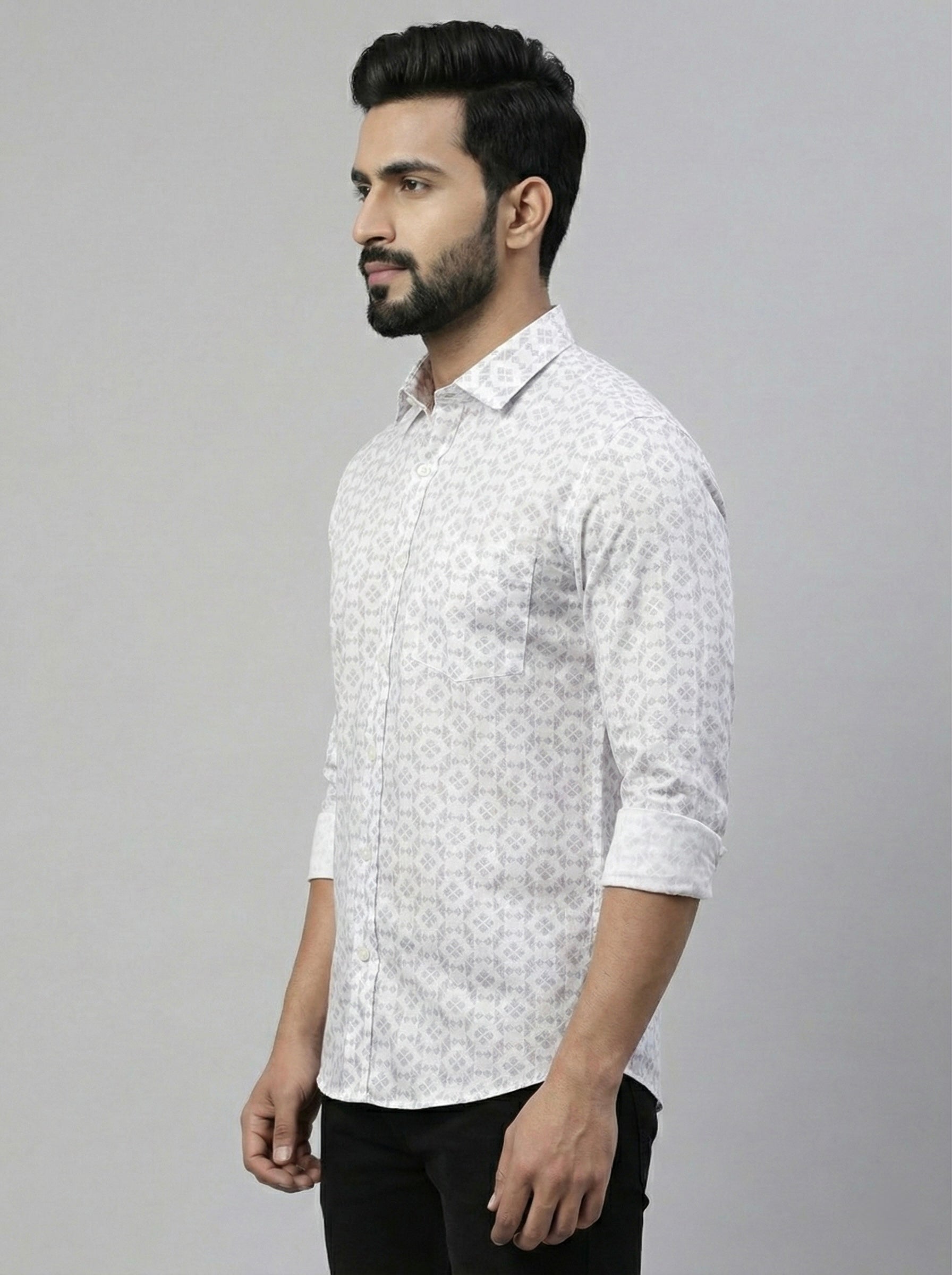 Mensfield Signature White Geometric Print Shirt - Premium Slim Fit Formal Wear