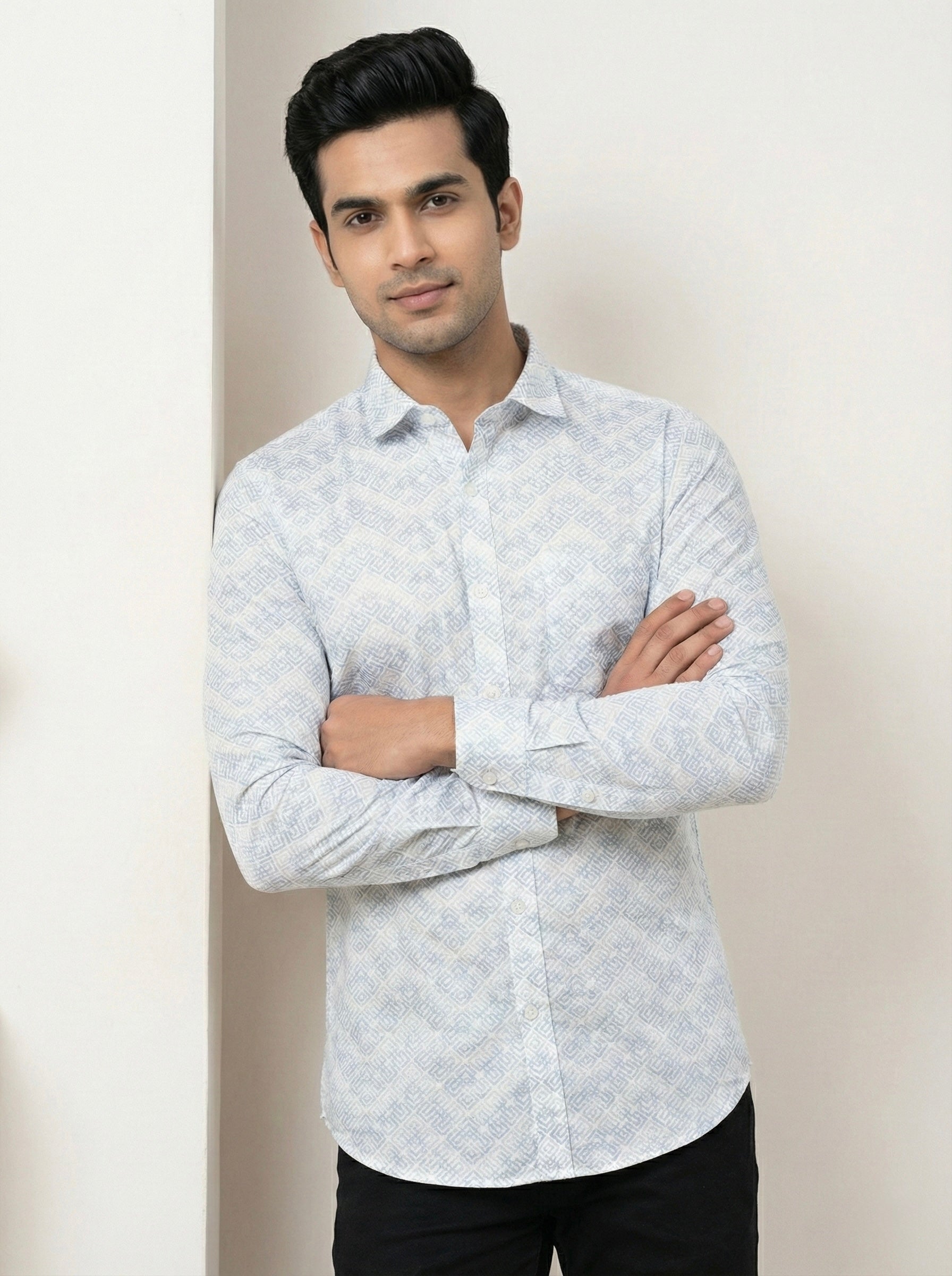 Mensfield Signature Light Blue Geometric Print Shirt - Premium Slim Fit Formal Wear