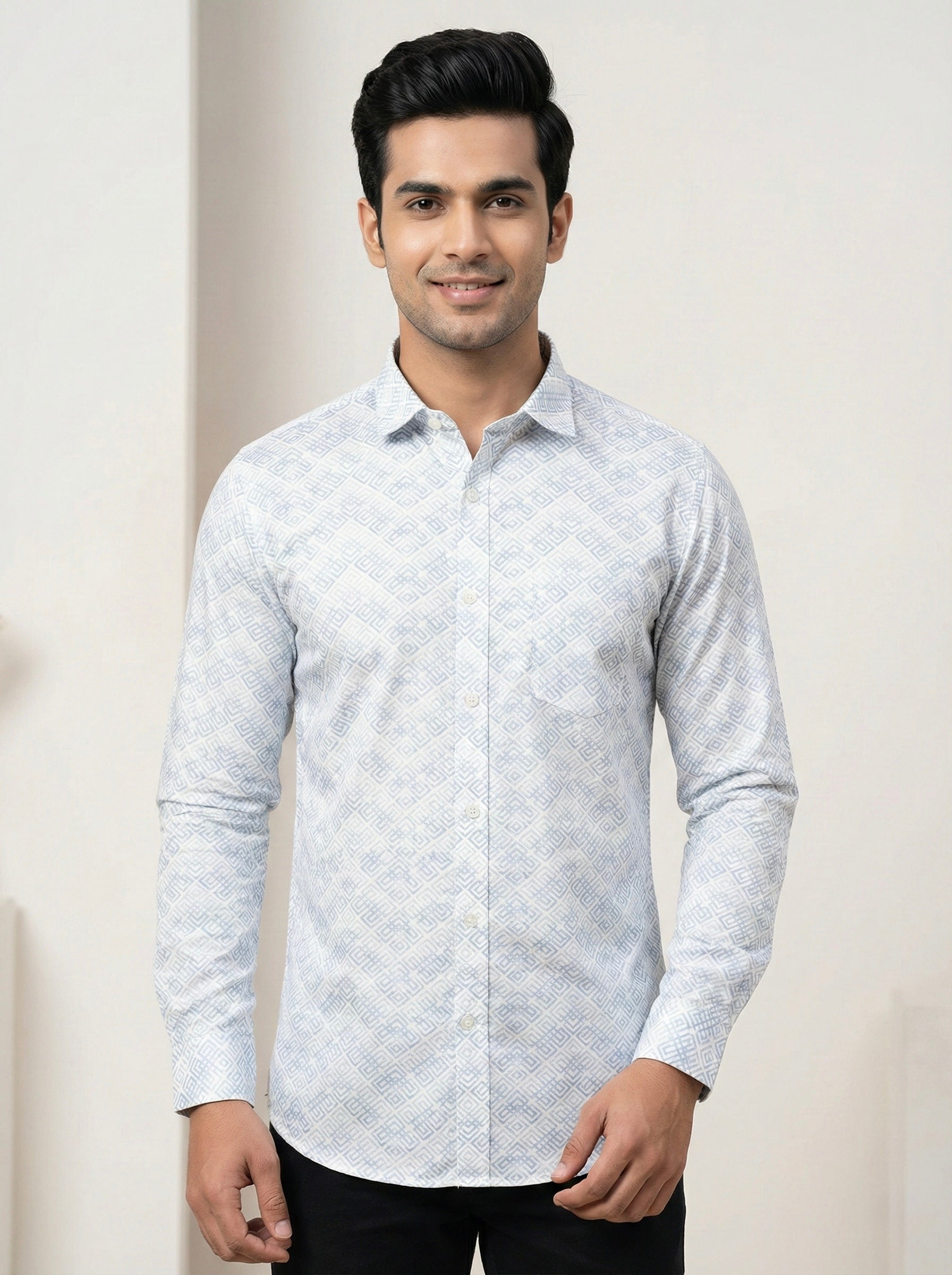 Mensfield Signature Light Blue Geometric Print Shirt - Premium Slim Fit Formal Wear