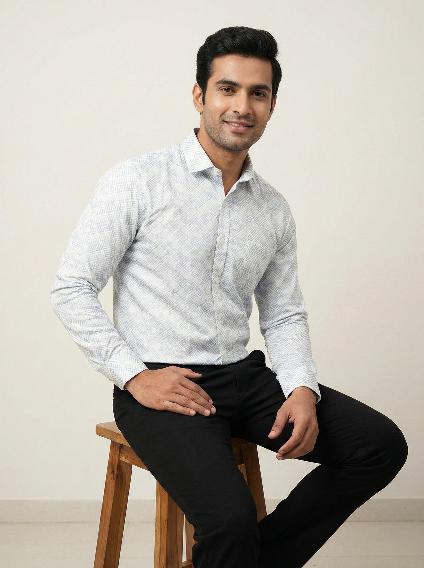 Mensfield Signature Light Blue Geometric Print Shirt - Premium Slim Fit Formal Wear