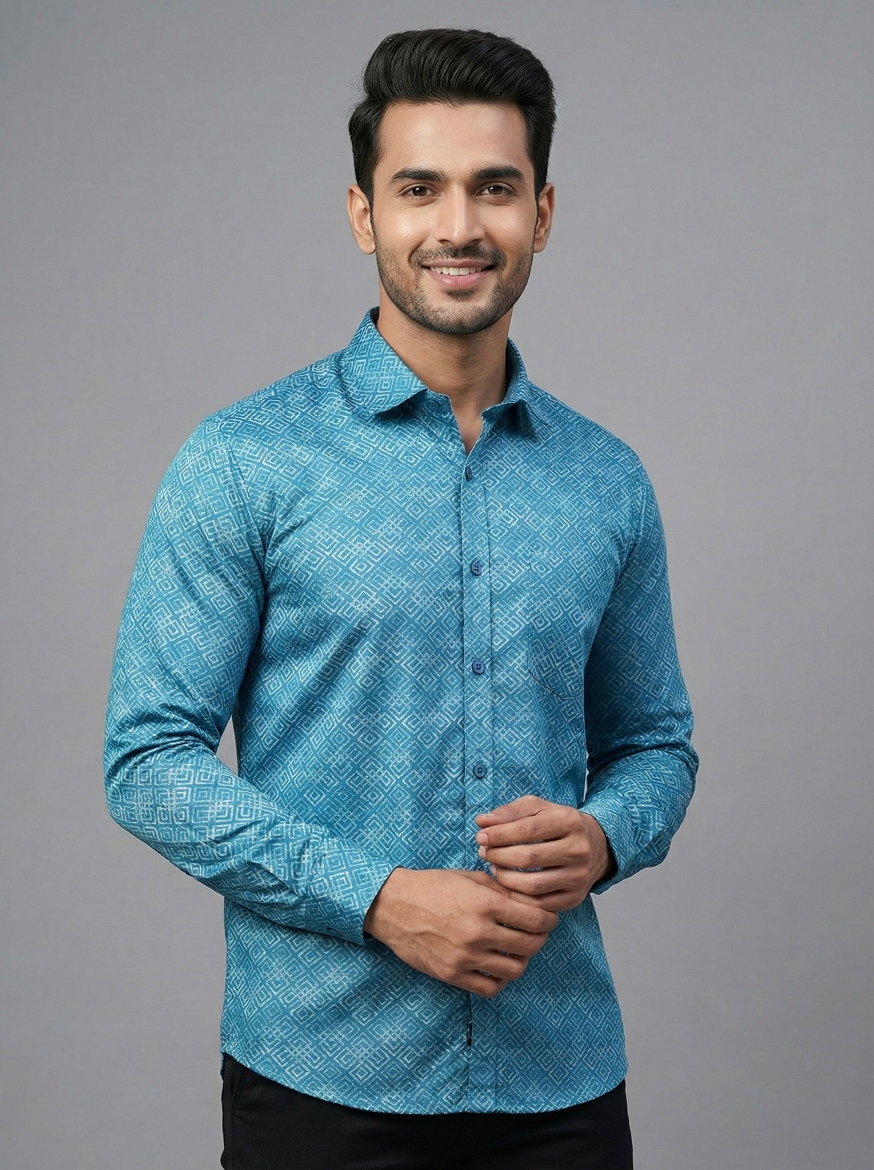 Mensfield Signature Turquoise Geometric Print Shirt - Premium Slim Fit Formal Wear