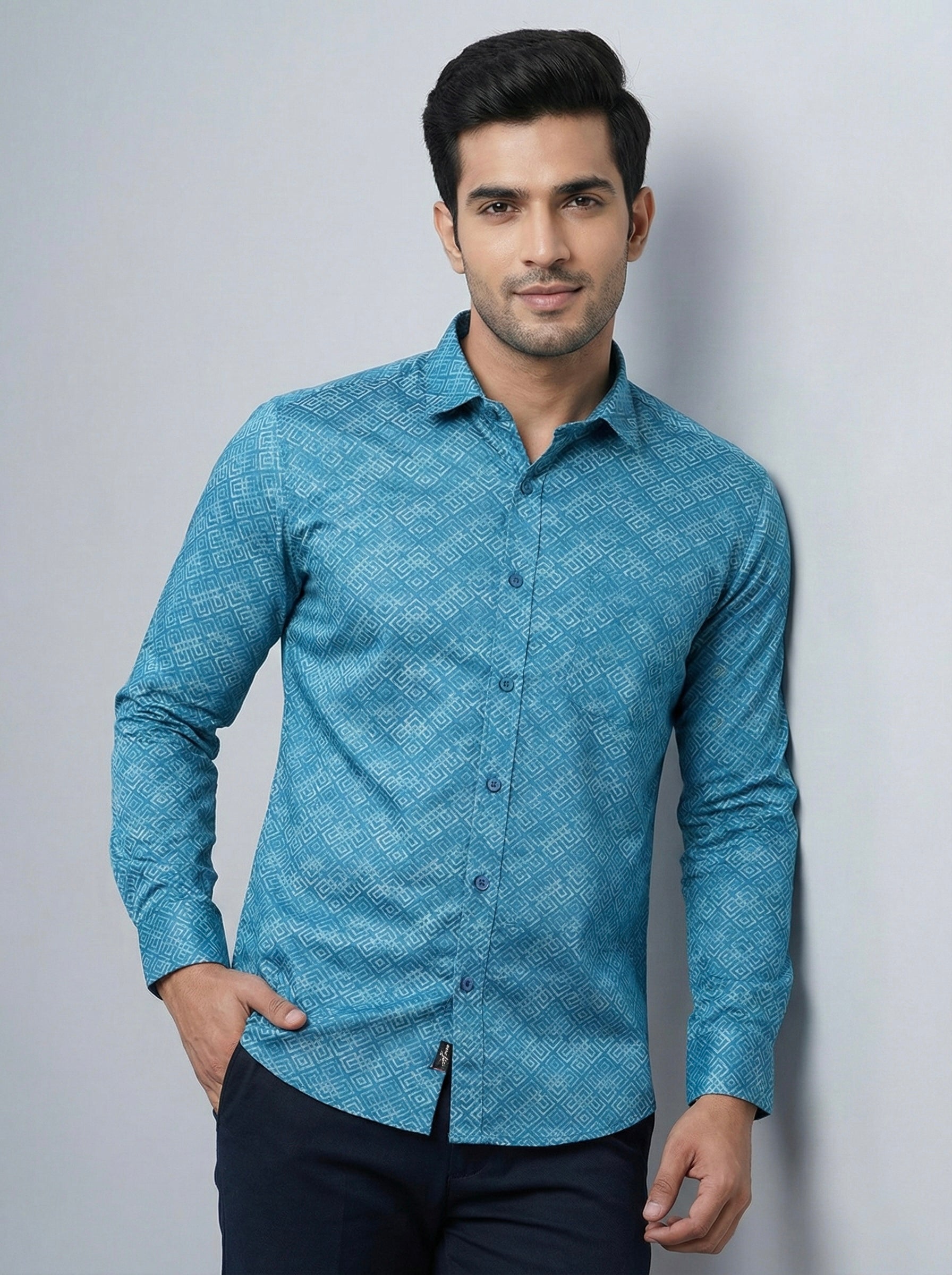 Mensfield Signature Turquoise Geometric Print Shirt - Premium Slim Fit Formal Wear