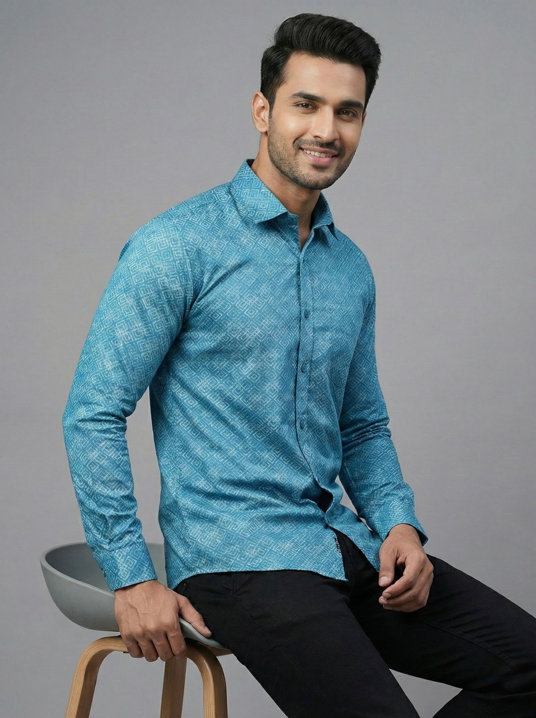 Mensfield Signature Turquoise Geometric Print Shirt - Premium Slim Fit Formal Wear
