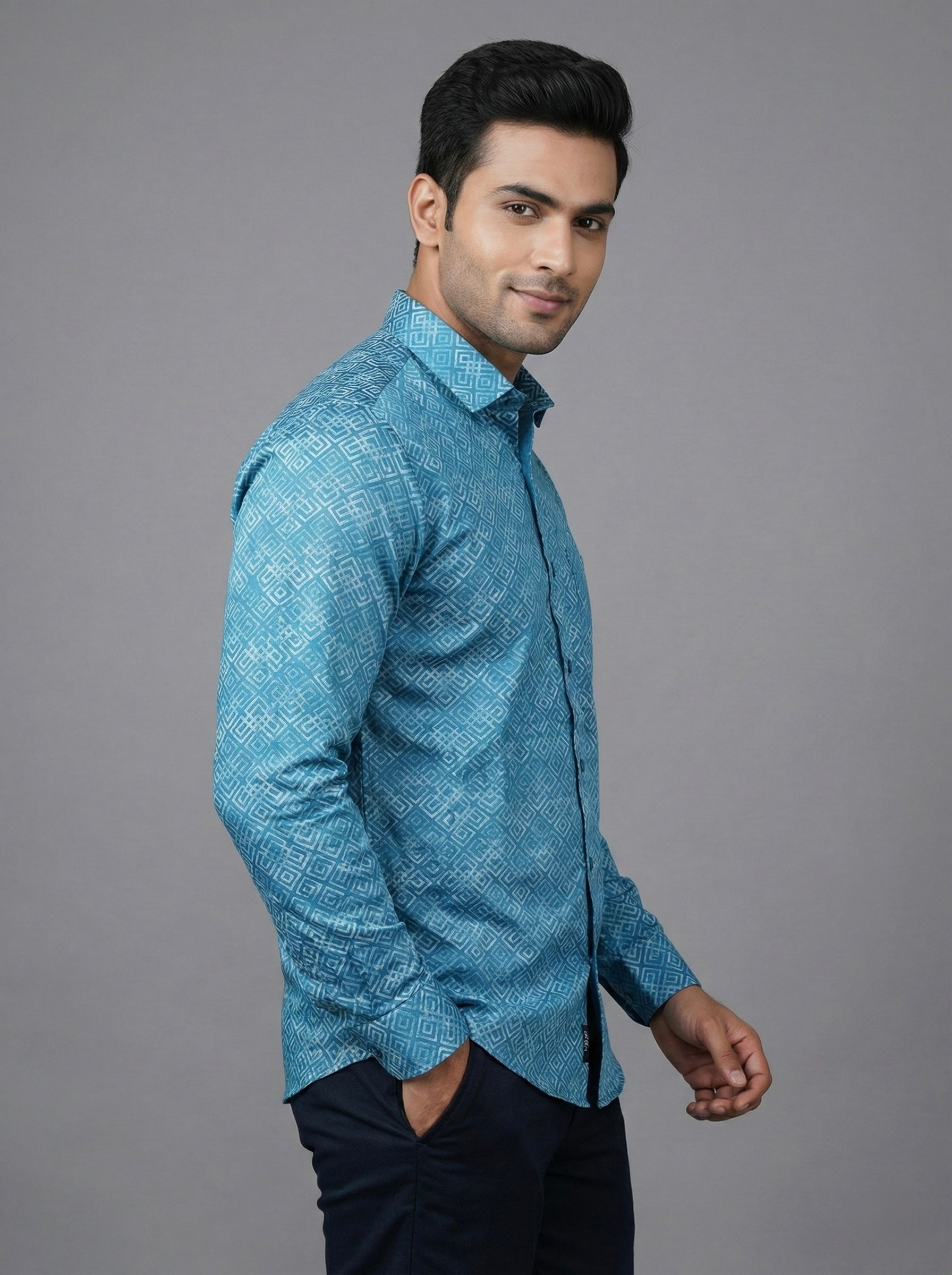 Mensfield Signature Turquoise Geometric Print Shirt - Premium Slim Fit Formal Wear