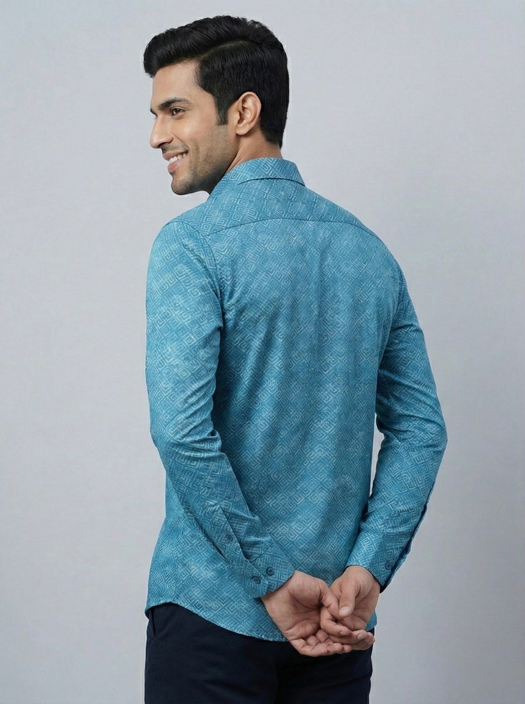 Mensfield Signature Turquoise Geometric Print Shirt - Premium Slim Fit Formal Wear