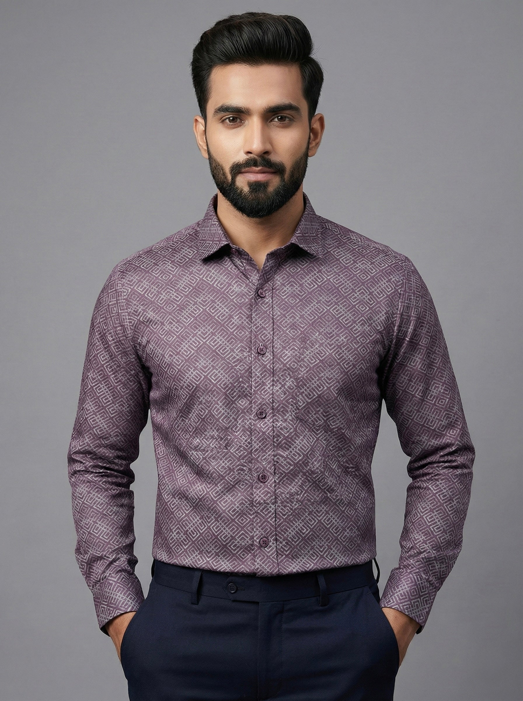 Mensfield Signature Mauve Geometric Print Shirt - Premium Slim Fit Formal Wear