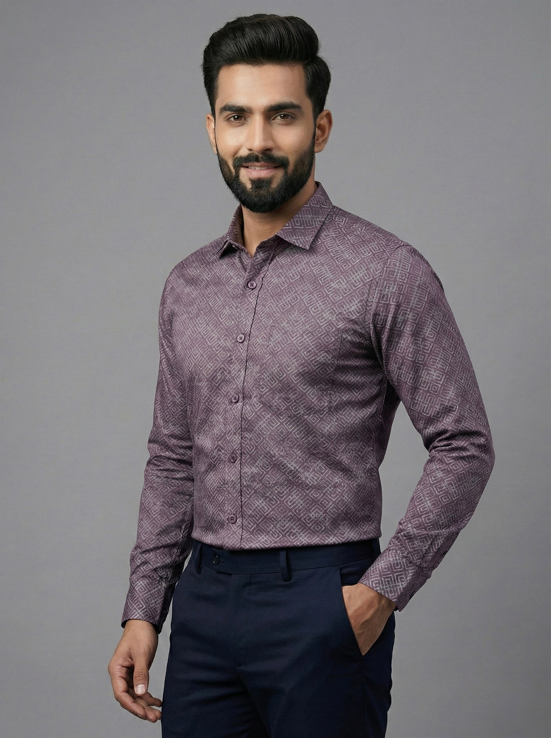 Mensfield Signature Mauve Geometric Print Shirt - Premium Slim Fit Formal Wear