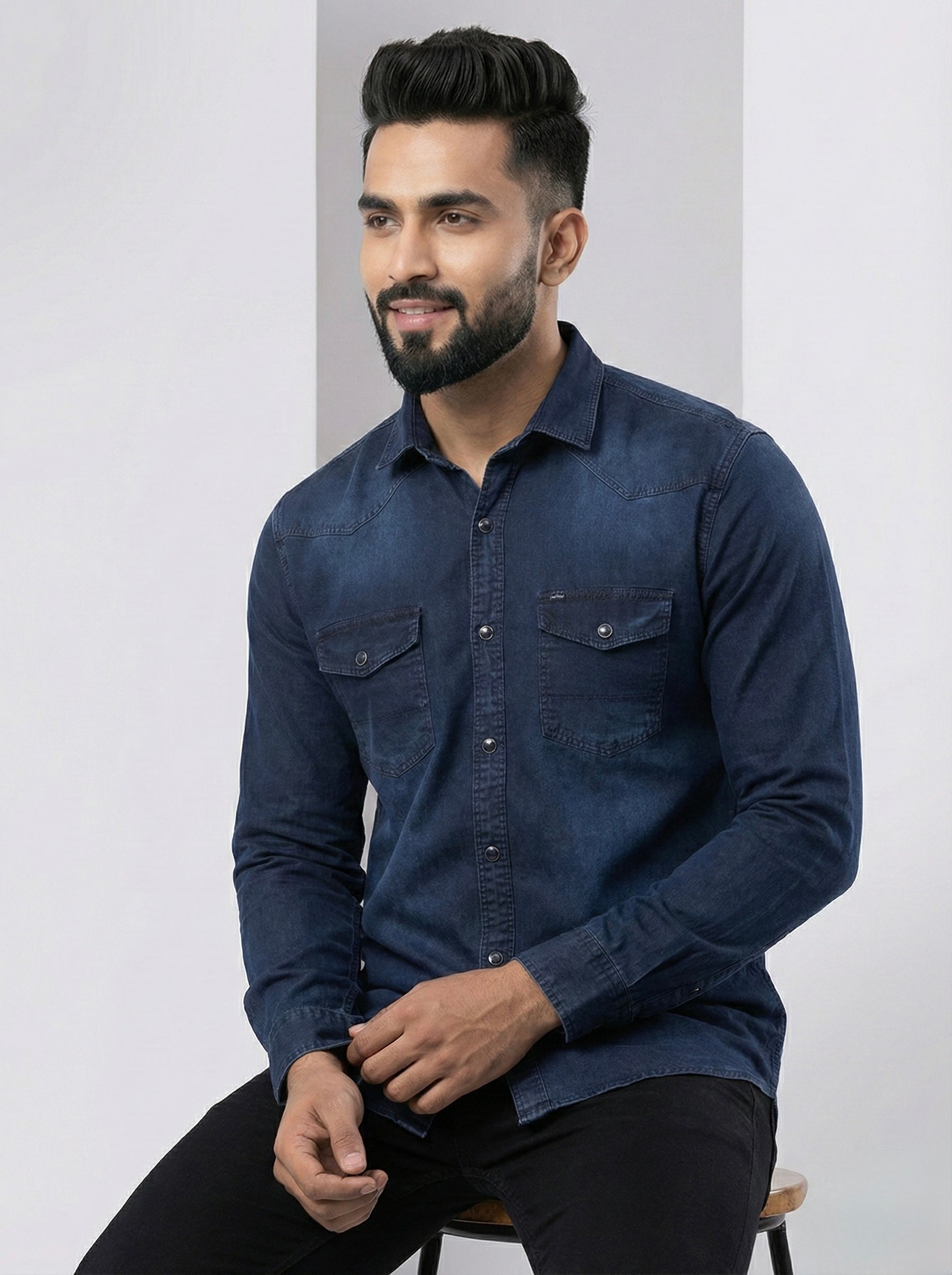 Mensfield Signature Dark Indigo Denim Shirt - Premium Stonewashed Slim Fit
