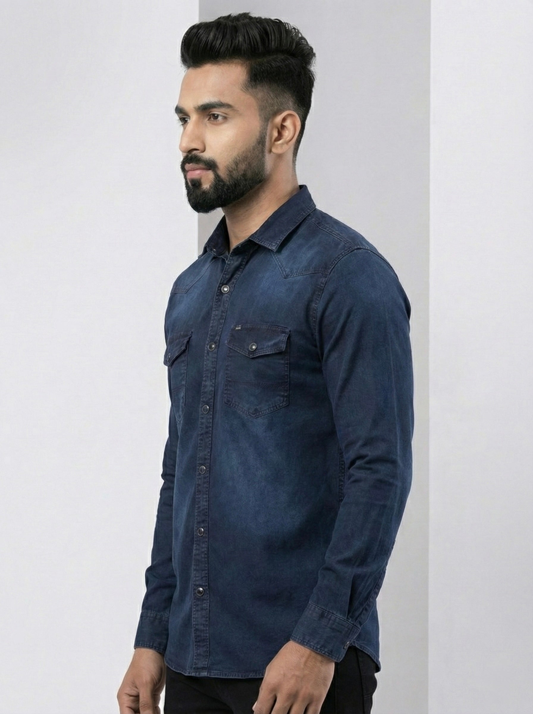 Mensfield Signature Dark Indigo Denim Shirt - Premium Stonewashed Slim Fit
