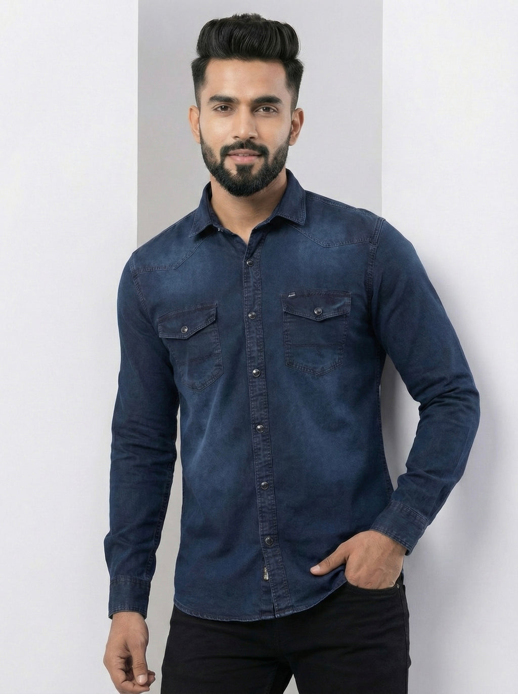 Mensfield Signature Dark Indigo Denim Shirt - Premium Stonewashed Slim Fit