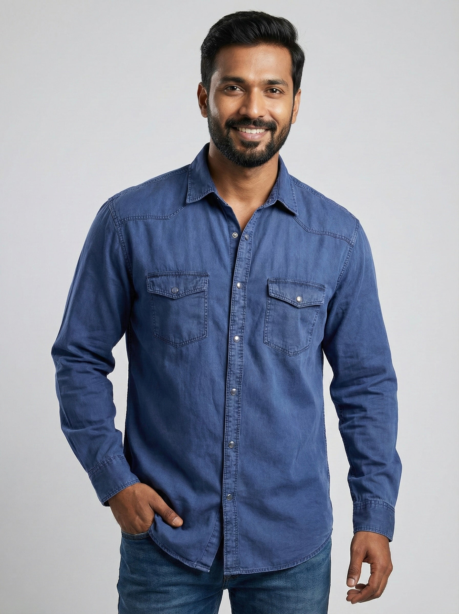 Mensfield Premium Indigo Blue Denim Shirt - Classic Western Slim-Fit