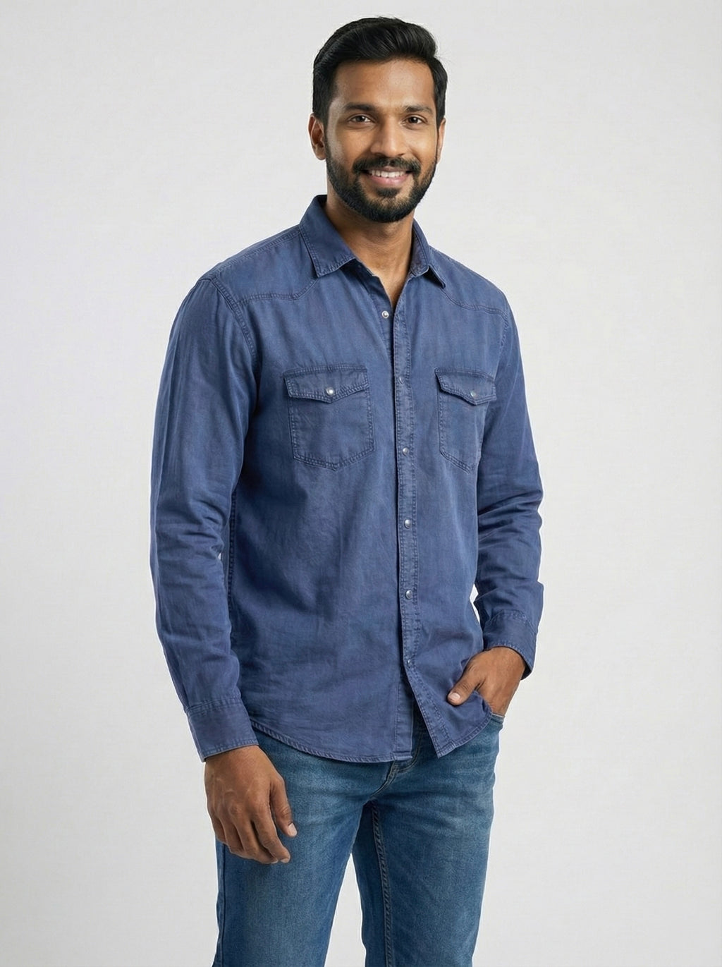 Mensfield Premium Indigo Blue Denim Shirt - Classic Western Slim-Fit
