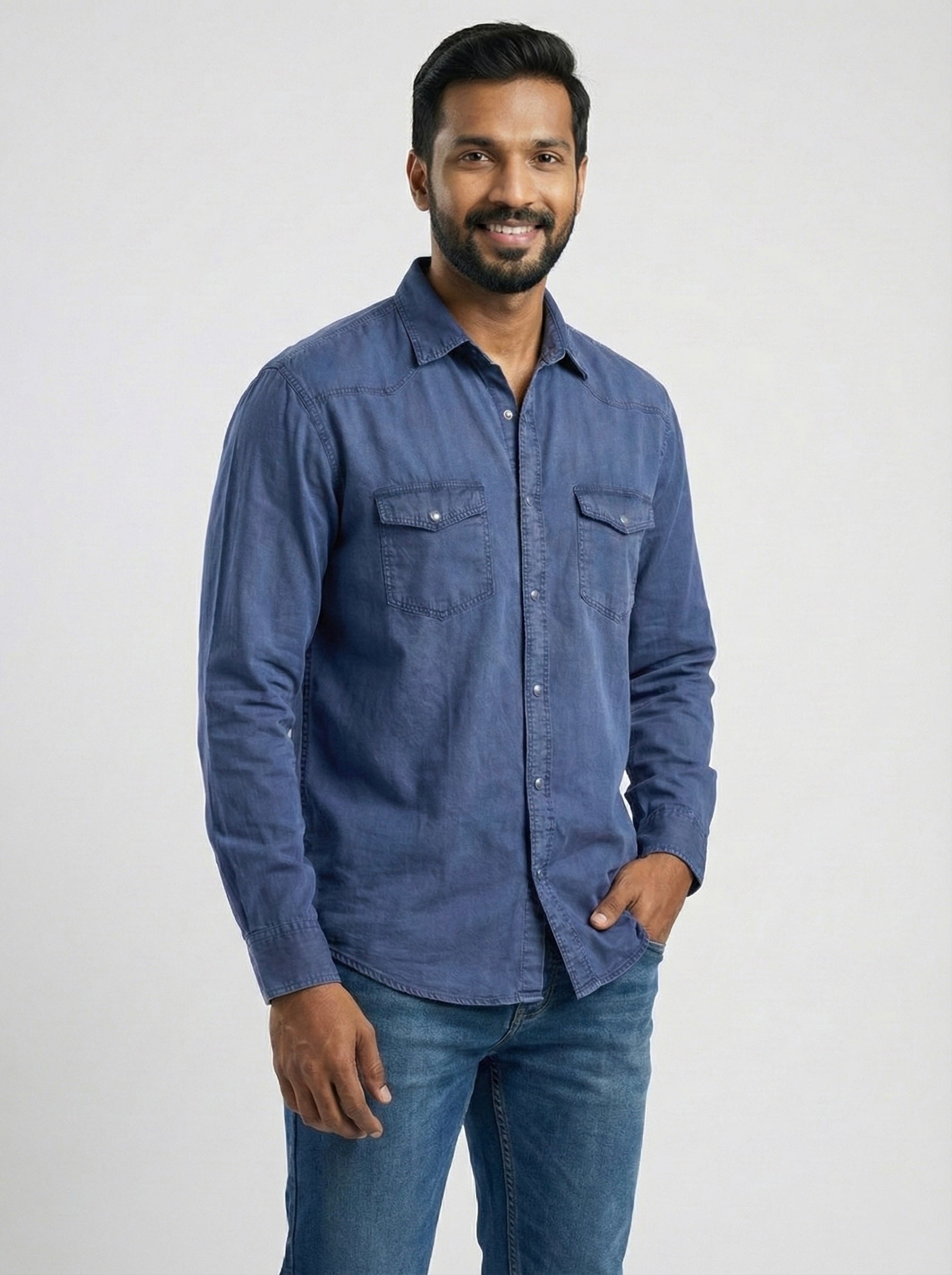 Mensfield Premium Indigo Blue Denim Shirt - Classic Western Slim-Fit