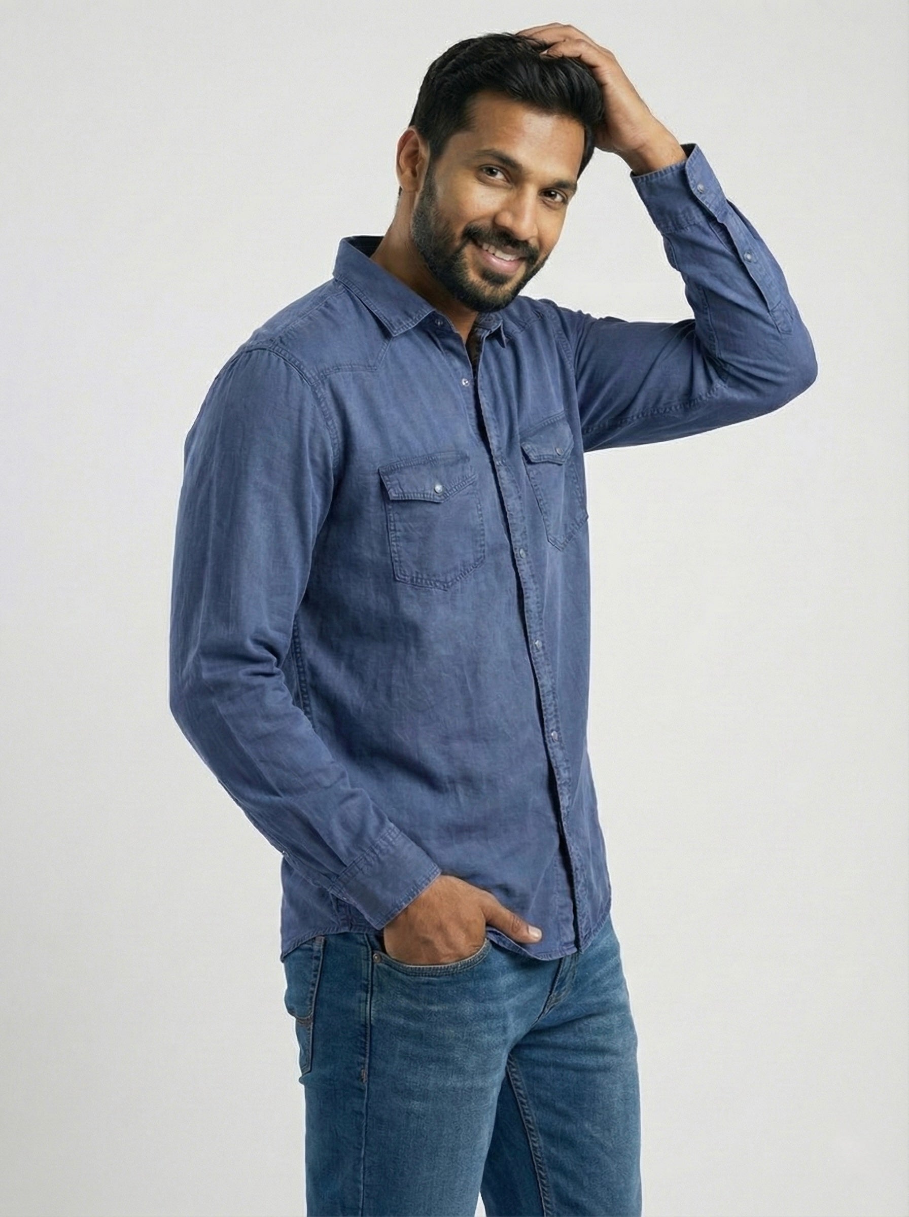 Mensfield Premium Indigo Blue Denim Shirt - Classic Western Slim-Fit