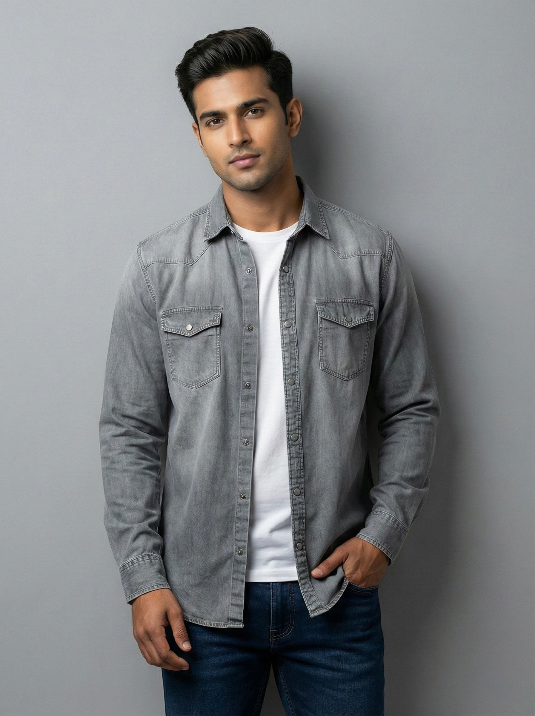 Mensfield Signature Grey Stonewashed Denim Shirt - Premium Western Style Slim Fit