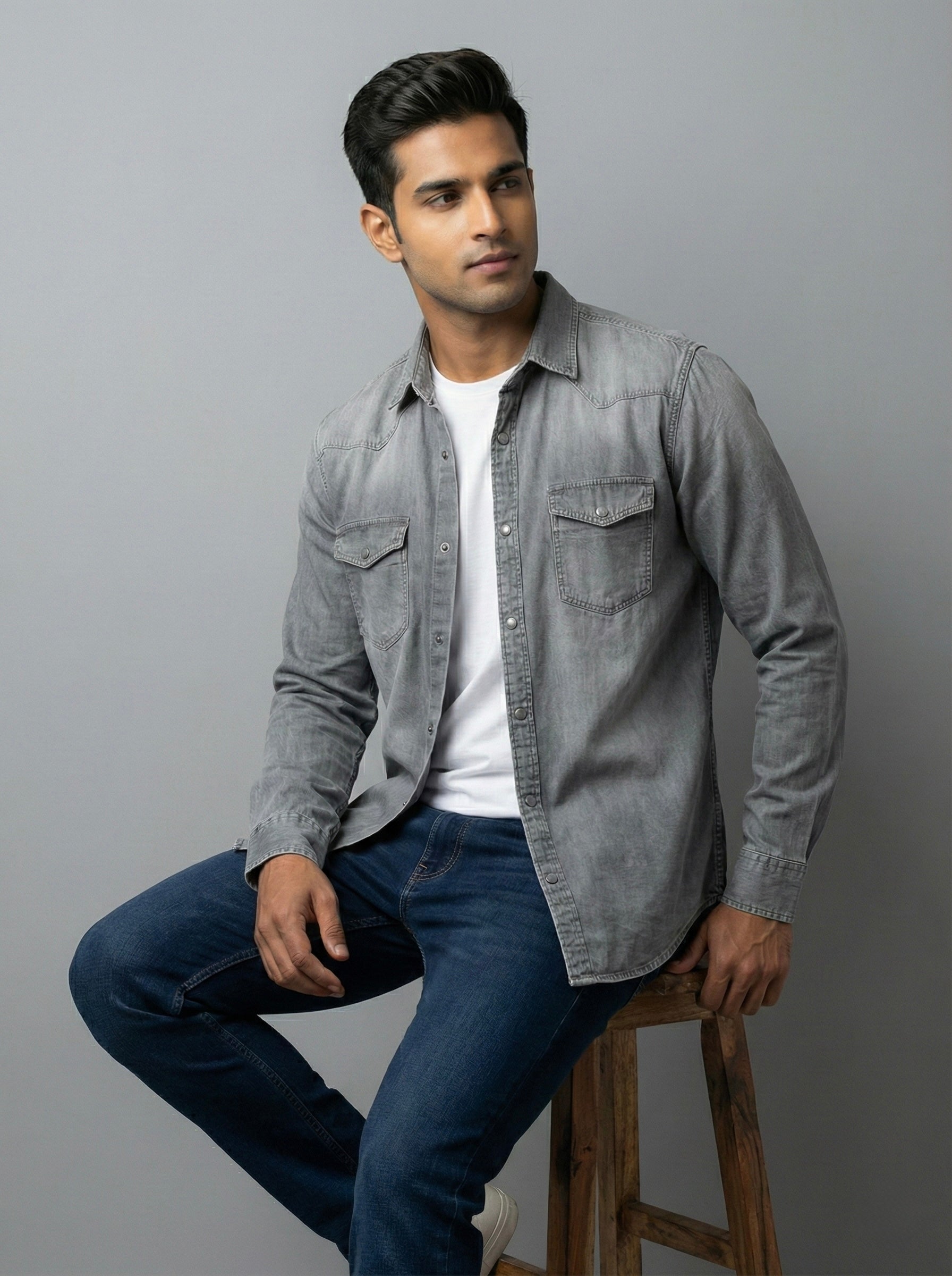 Mensfield Signature Grey Stonewashed Denim Shirt - Premium Western Style Slim Fit