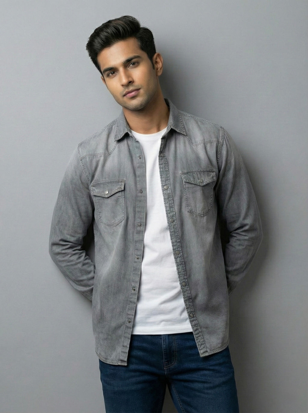 Mensfield Signature Grey Stonewashed Denim Shirt - Premium Western Style Slim Fit