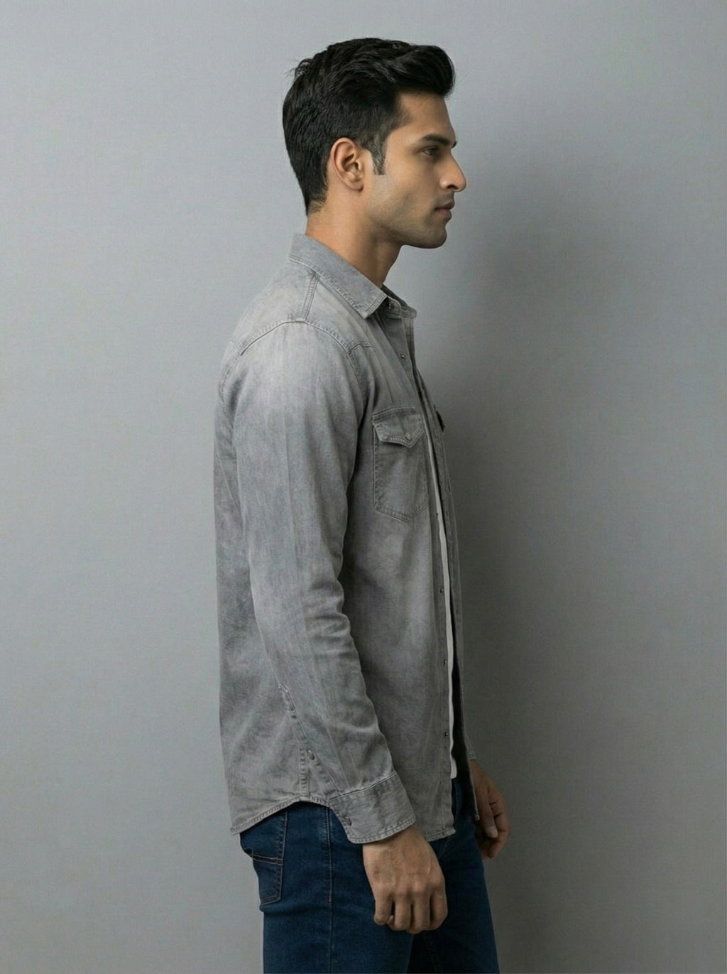 Mensfield Signature Grey Stonewashed Denim Shirt - Premium Western Style Slim Fit