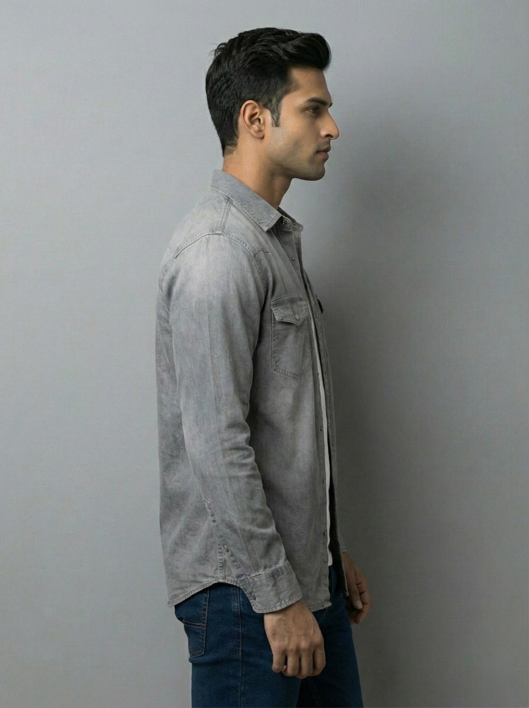 Mensfield Signature Grey Stonewashed Denim Shirt - Premium Western Style Slim Fit